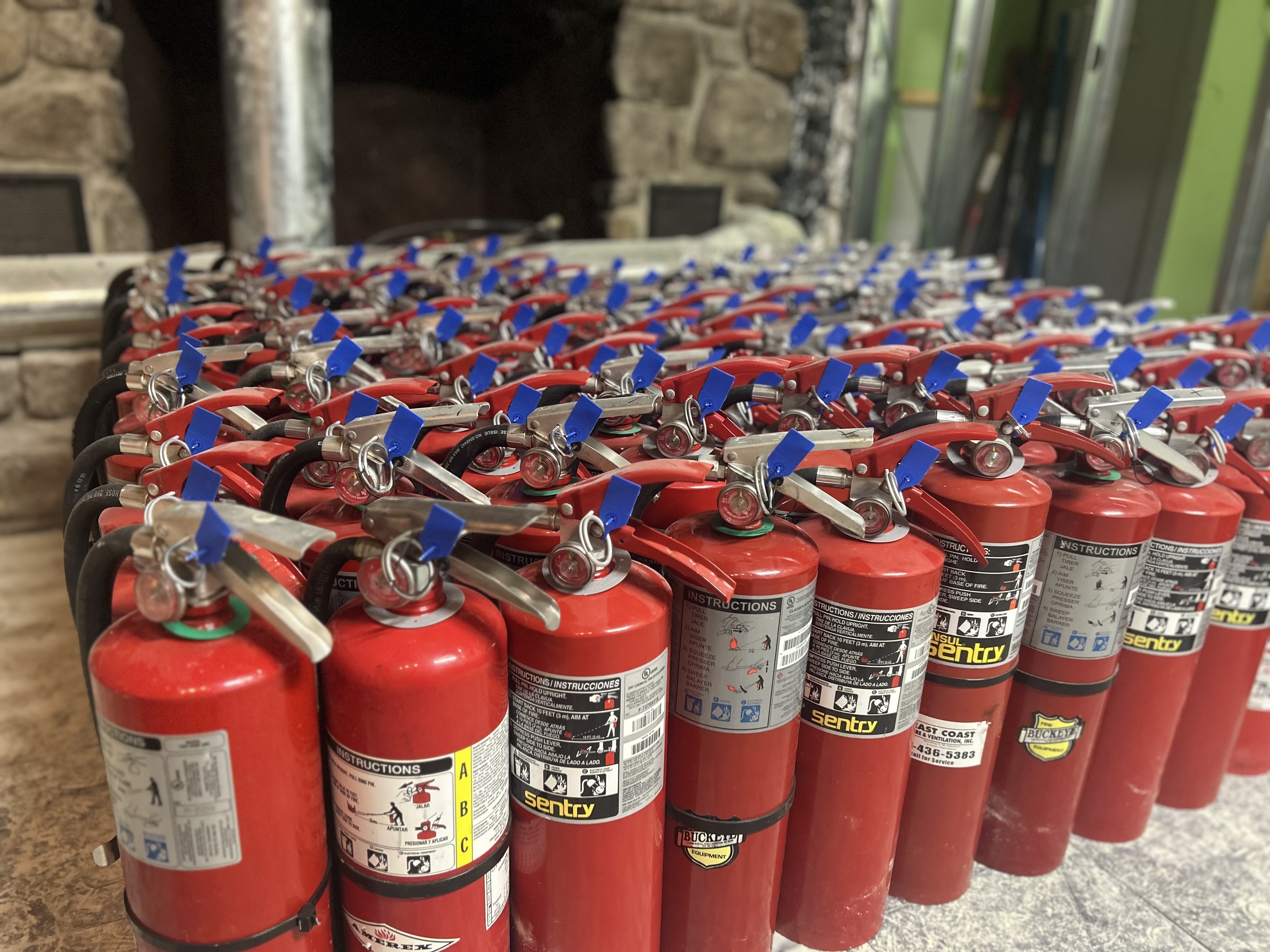 A large inventory of red fire extinguishers lined up indoors
